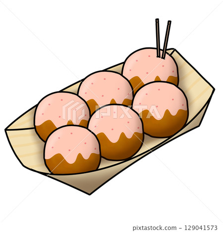 Illustration of six takoyaki balls with mentaiko and mayonnaise 129041573