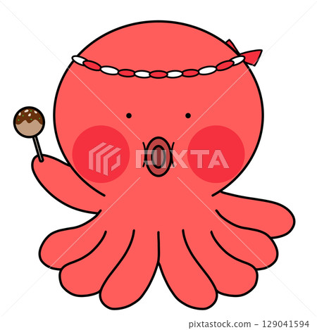 Illustration of an octopus at a takoyaki shop holding takoyaki Illustration of an octopus at a takoyaki shop holding takoyaki 129041594