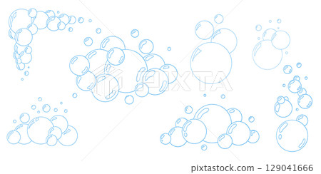 Minimalist bubble doodle vector set. Outline water and soap bubbles with sparkles. Great for bathroom accessories design, cleaning products, or childrens hygiene packaging. 129041666