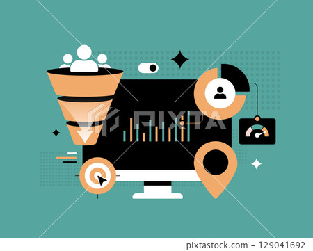 Conversion funnel optimization with customer journey analytics, targeted lead generation, sales tracking metrics. Conversion funnel optimization, user segmentation, marketing performance illustration 129041692