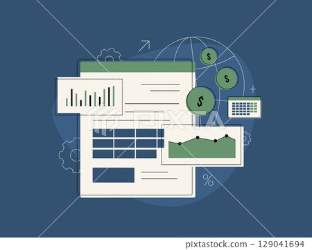 Financial data analysis with global currency management, spreadsheet report, business growth metrics. Financial data analysis profit optimization and business accounting dashboard vector illustration Financial data analysis with global currency management, spreadsheet report, business growth metrics. Financial data analysis profit optimization and business accounting dashboard vector illustration 129041694