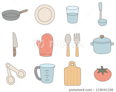 Cute hand-drawn icon set of kitchen utensils and ingredients 129042106