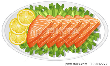 Fresh Salmon Sashimi on Lettuce with Lemon Slices 129042277