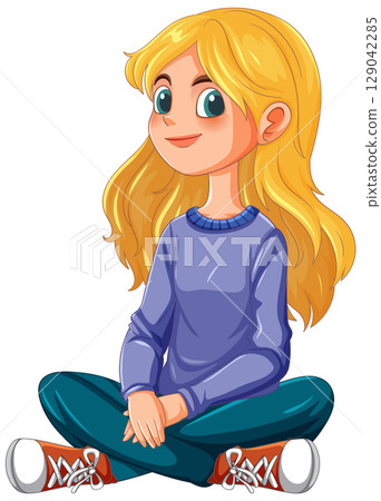 Cheerful Girl Sitting Cross-Legged 129042285