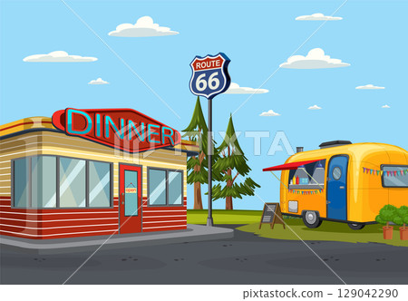Retro Diner and Camper on Route 66 129042290