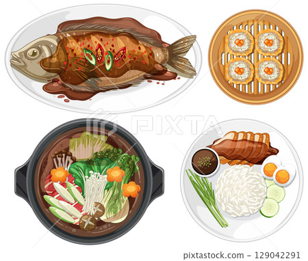 Vector Illustration of Diverse Asian Cuisine Dishes 129042291