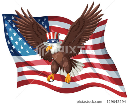 Eagle Soaring Over American Flag Illustration Eagle Soaring Over American Flag Illustration 129042294