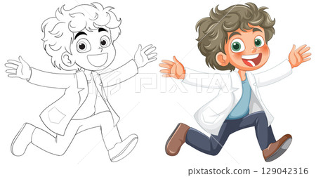 Joyful Child Running in Lab Coat 129042316