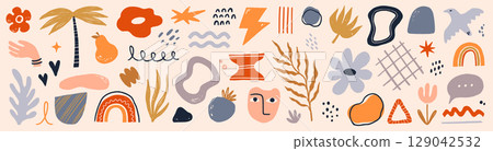 Shape abstract vector graphic icon set. Abstract graphic summer modern art element, flower doodle, geometric collage background. Trendy crayon scribble pastel texture. Vector Shape abstract vector graphic icon set. Abstract graphic summer modern art element, flower doodle, geometric collage background. Trendy crayon scribble pastel texture. Vector 129042532