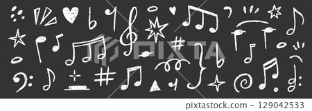 Music note hand drawn set. Cute music icon, melody sign, and sound symbol in kid crayon chalk sketch style. Cartoon texture, playful art decoration on chalkboard background. Vector 129042533