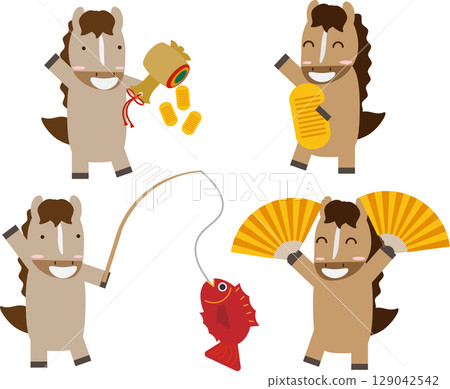 New Year's lucky charms and zodiac horse illustration set material 129042542