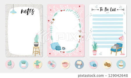 一組可愛的盆栽與室內裝飾物品的筆記本內頁設計圖框向量素材圖片 129042648