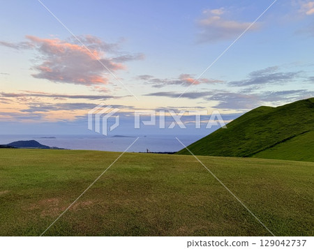 Evening view of Fukue from Mt. Onidake and the sea of the Goto Islands Evening view of Fukue from Mt. Onidake and the sea of the Goto Islands 129042737