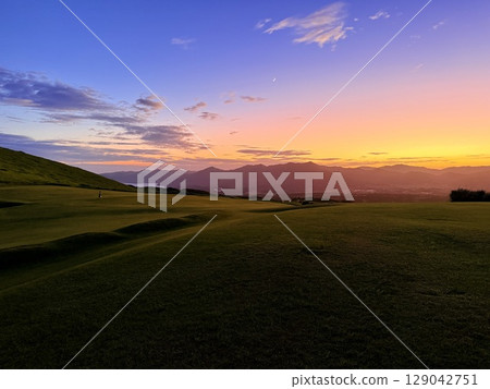 Evening view of Fukue from Mt. Onidake and the sea of the Goto Islands 129042751