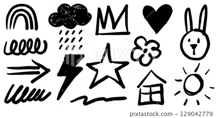 Collection of hand drawn doodle icons in black ink featuring simple playful sketches including rainbow, cloud, crown, heart, bunny face, flower, star, lightning, house, and more. 129042779