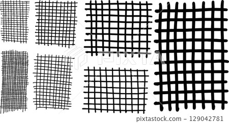 collection of hand drawn grid patterns with varying thickness and distortion. This abstract crosshatch texture set is ideal for backgrounds, textiles, graphic design elements, or artistic overlays. 129042781