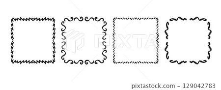 Square hand drawn wavy frame set. Black curly ribbon border collection. Vector doodled lace cadre frames. Curved squiggly border pack for invitation, wedding party, birthday, greeting card design Square hand drawn wavy frame set. Black curly ribbon border collection. Vector doodled lace cadre frames. Curved squiggly border pack for invitation, wedding party, birthday, greeting card design 129042783