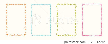 Colored hand drawn wavy frame set. Romantic curly border collection. Vector cute doodled cadre frames. Curved squiggly rectangle border pack for invitation, wedding party, birthday, greeting design 129042784
