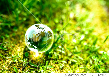 Beautiful globe crystal in a field of grass. Ecological image. Normal color. Daytime. 129042963