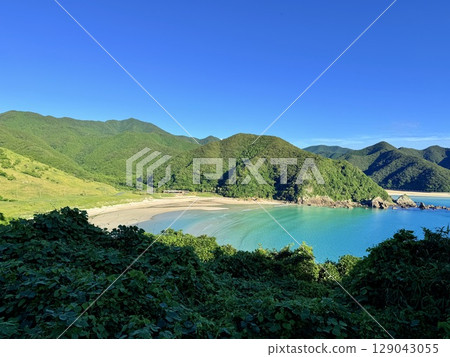 Aerial drone shot of Tontomari Beach in Takahama, Fukue Island, Goto Islands, Nagasaki Prefecture Aerial drone shot of Tontomari Beach in Takahama, Fukue Island, Goto Islands, Nagasaki Prefecture 129043055