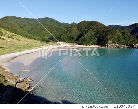 Aerial drone shot of Tontomari Beach in Takahama, Fukue Island, Goto Islands, Nagasaki Prefecture 129043057
