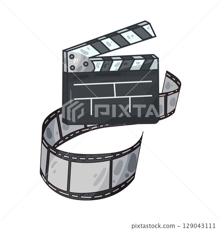 illustration of clapperboard and film strip illustration of clapperboard and film strip 129043111
