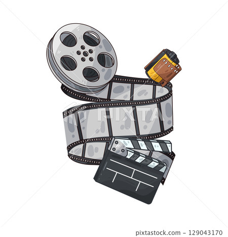 illustration of film roll and clapperboard illustration of film roll and clapperboard 129043170