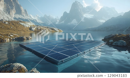 floating solar panel farm in serene mountain lake, surrounded by majestic peaks and clear blue skies, showcases renewable energy innovation in breathtaking natural setting 129043183