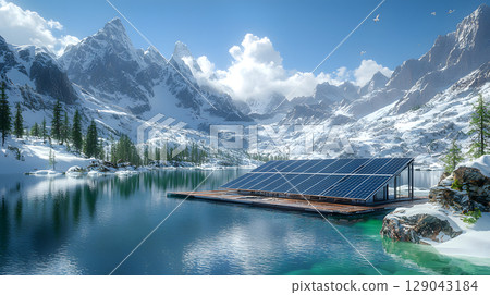 serene floating solar panel farm in picturesque mountain landscape, surrounded by snow capped peaks and tranquil lake reflecting clear blue sky 129043184