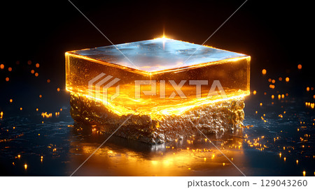 glowing, transparent cube of amber like material sits reflective surface, illuminated by soft light. cube showcases mesmerizing blend of golden hues and shimmering particles, creating captivating glowing, transparent cube of amber like material sits reflective surface, illuminated by soft light. cube showcases mesmerizing blend of golden hues and shimmering particles, creating captivating 129043260