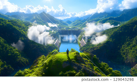 breathtaking view of futuristic city built around colossal hydroelectric dam, surrounded by lush green mountains and vibrant clouds. scene evokes sense of wonder and innovation breathtaking view of futuristic city built around colossal hydroelectric dam, surrounded by lush green mountains and vibrant clouds. scene evokes sense of wonder and innovation 129043298