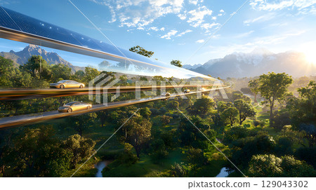 futuristic highway featuring transparent solar panels, surrounded by lush greenery and mountains, showcases advanced transportation serene landscape. scene evokes sense of innovation and harmony 129043302
