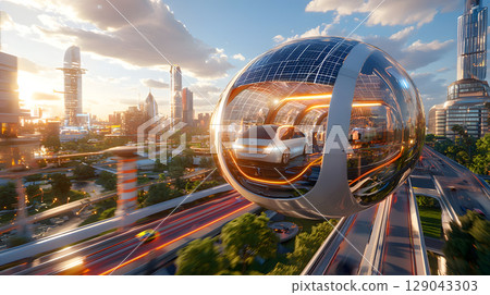 futuristic highway features transparent solar panel covered vehicle pod, showcasing advanced technology and urban architecture. scene is vibrant, with sunset illuminating city skyline 129043303