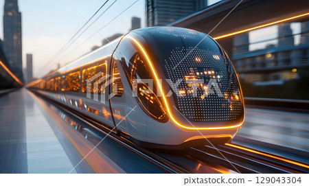 futuristic solar powered high speed train with sleek aerodynamic design, illuminated by vibrant lights, showcases advanced technology and innovation in urban transportation 129043304