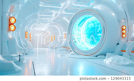 futuristic interior of sci fi space station featuring large circular window revealing vibrant blue scene outside. sleek, white design creates clean and modern atmosphere futuristic interior of sci fi space station featuring large circular window revealing vibrant blue scene outside. sleek, white design creates clean and modern atmosphere 129043315