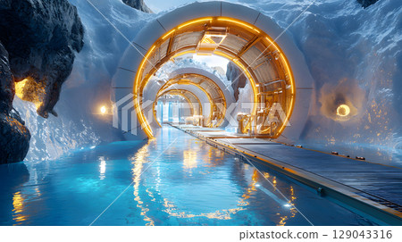 futuristic geothermal power plant located deep inside ice covered landscape, featuring glowing circular structures and serene waterway. scene evokes sense of innovation and tranquility futuristic geothermal power plant located deep inside ice covered landscape, featuring glowing circular structures and serene waterway. scene evokes sense of innovation and tranquility 129043316