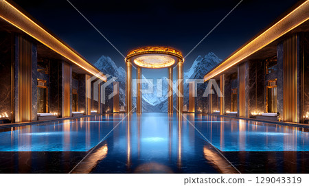 Luxurious geothermal spa featuring futuristic architecture, surrounded by majestic mountains, with serene atmosphere and glowing lights reflecting on water surface 129043319