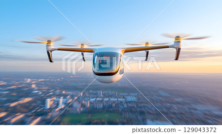 futuristic aerial vehicle flying over cityscape during sunset, showcasing advanced technology and design. drone like aircraft features multiple rotors and sleek body, symbolizing innovation 129043372