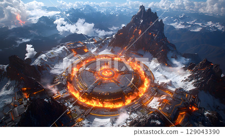 futuristic Mars colony powered by geothermal energy features steam vents and dramatic volcanic landscape. scene evokes sense of awe and innovation amidst rugged terrain 129043390