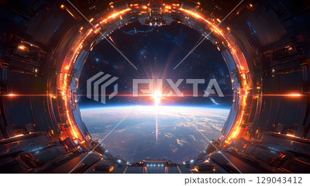 stunning view from futuristic space station, showcasing vibrant sunrise over Earth through circular portal. scene is filled with intricate metallic structures and starry backdrop, evoking sense stunning view from futuristic space station, showcasing vibrant sunrise over Earth through circular portal. scene is filled with intricate metallic structures and starry backdrop, evoking sense 129043412