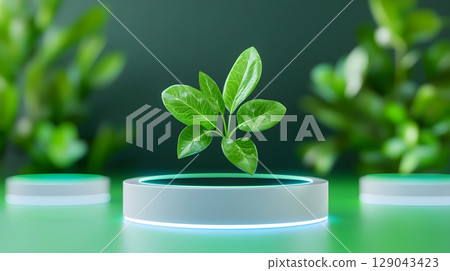 minimalistic and futuristic clean energy logo featuring vibrant green plant with glossy leaves, symbolizing growth and sustainability in modern environment 129043423