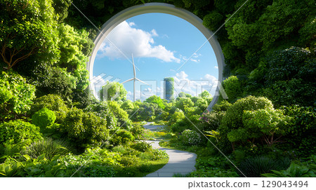 serene landscape featuring lush greenery, circular opening, and wind turbines in futuristic city. scene evokes sense of harmony with nature and innovation 129043494