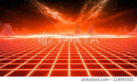 vibrant digital landscape featuring glowing orange grid, set against cosmic background with abstract mountain like structures. scene evokes sense of futuristic exploration and adventure 129043501