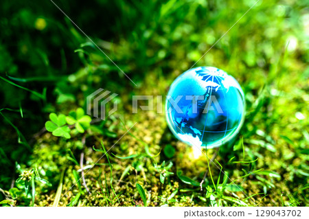 A beautiful globe crystal in a field of grass. Ecological image. Blue morning. 129043702