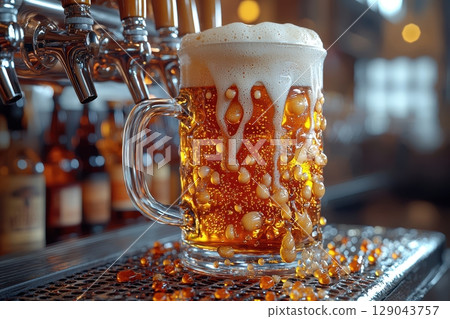 Enjoying a Delightfully Refreshing Pint of Beer with Foam Topping in a Cozy Bar Atmosphere Enjoying a Delightfully Refreshing Pint of Beer with Foam Topping in a Cozy Bar Atmosphere 129043757