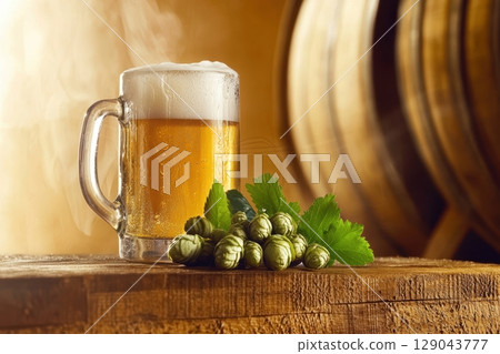 Enjoy a Refreshing Beer that Features Hops and Barrels, Perfect for Craft Breweries Enjoy a Refreshing Beer that Features Hops and Barrels, Perfect for Craft Breweries 129043777