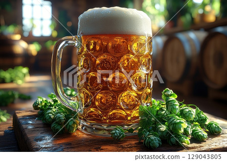 A Refreshing Glass of Beer Filled with Hops Set in a Rustic and Cozy Brewery Atmosphere 129043805