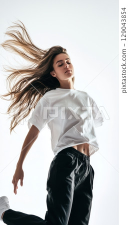 Dynamic Dance Movement with Flowing Hair Captured Beautifully in a Creative Studio Setting 129043854