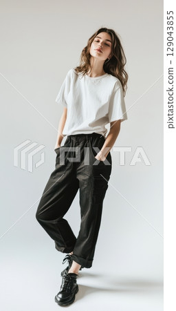 Chic and Stylish Model Wearing a Casual Outfit Against a Clean Minimalist Background 129043855