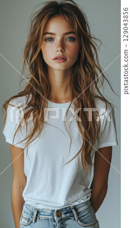 A Stylish Young Woman Wearing a Casual Outfit That Highlights Her Natural Beauty 129043856